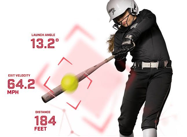 Softball hitter making contact with HitTrax launch angle, exit velocity and distance shown