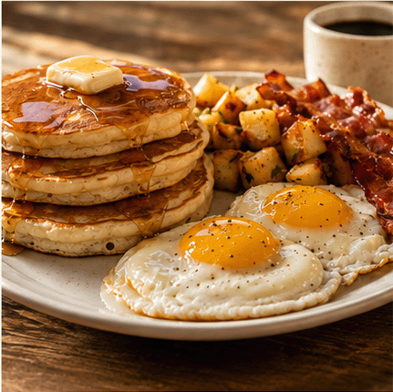 Big breakfast plate: pancakes, eggs, bacon and coffee