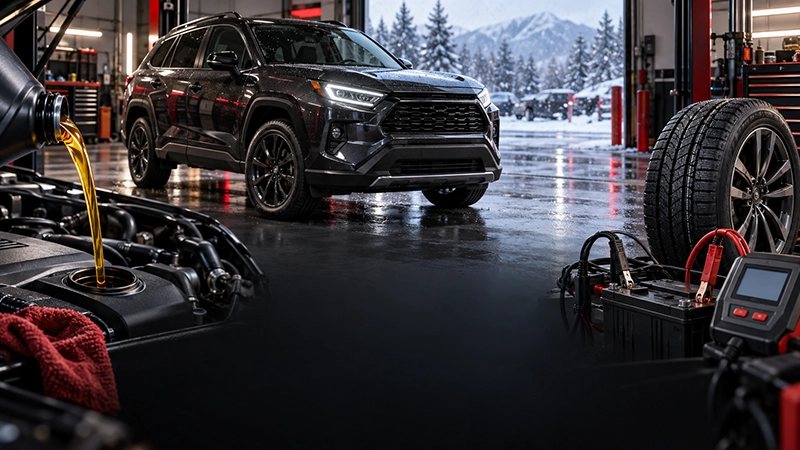 SUV in a warm service bay with snow outside, fresh oil, a battery tester and a new tire
