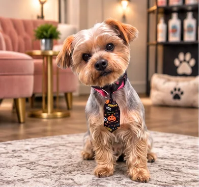 A freshly groomed dog on a patterned rug at Good Dog Salon