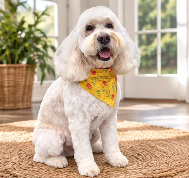 A freshly groomed dog on an indoor rug at Good Dog Salon