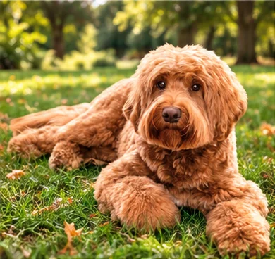 A brown dog groomed at Good Dog Salon sitting on the grass