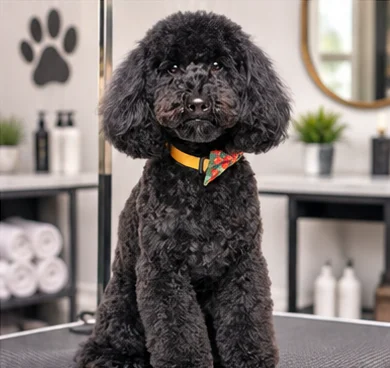 A small black dog groomed at Good Dog Salon