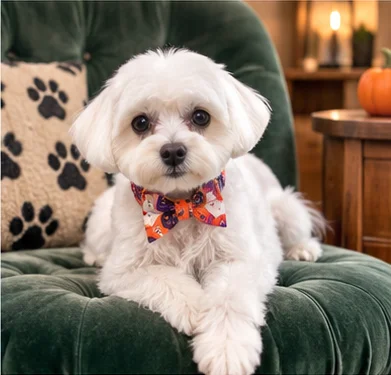 A groomed dog resting on a green chair