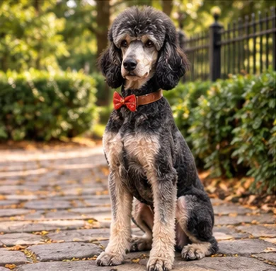 A groomed dog on a stone pathway