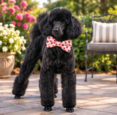 A black dog wearing a bowtie after grooming at Good Dog Salon
