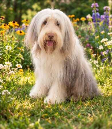 A groomed dog in a field of flowers