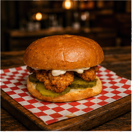 A crispy hand-breaded chicken sandwich with pickles on a toasted bun