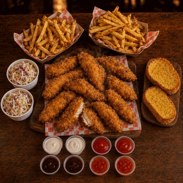 The Shantastic Family Feast: twelve hand-breaded chicken strips, two baskets of fries, two coleslaws, two garlic breads, and eight dipping sauces